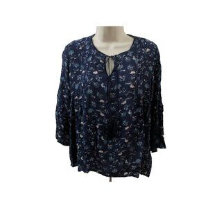New Directions Womens Size PL Blouse Blue Floral Bell Sleeves V-Neck Tassel Tie